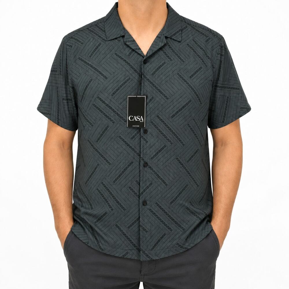 NEW Casa Moda Couture Shirt Mens Medium Gray Woven Camp Short Sleeve